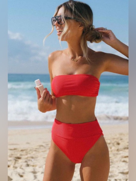Beach Riot Other - Beach Riot 2pc Bikini: Kelsey Bandeau Top & Highway High Waist Bottom Red Ribbed